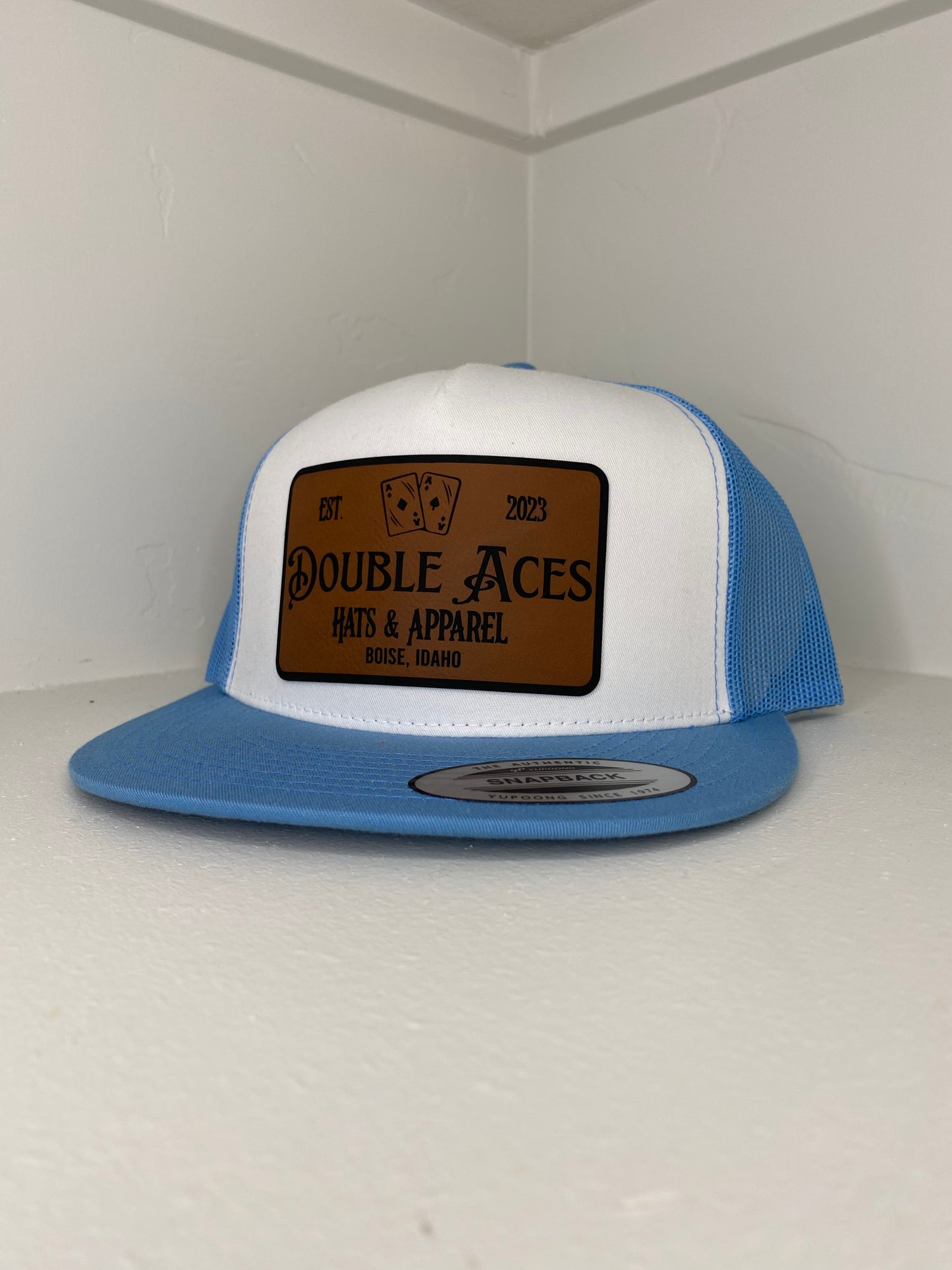 Baby Blue/White Aces Leather Patch Trucker